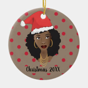 Décoration En Céramique Chapeau de Noël, Femme noire, Points rouges, Brow