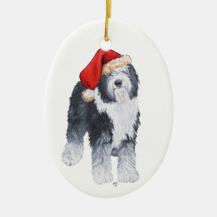 Décoration En Céramique Chapeau de Père Noël Old English Sheepdog