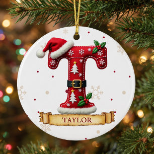 Décoration En Céramique Chapeau de Père Noël Rouge Noël Lettre T Nom