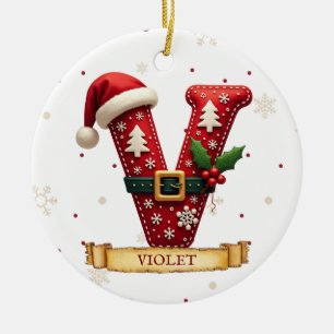 Décoration En Céramique Chapeau de Père Noël Rouge Noël Lettre V Nom