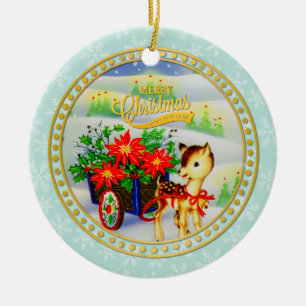Décoration En Céramique Chariot de fleurs et rennes de Noël vintage adorab