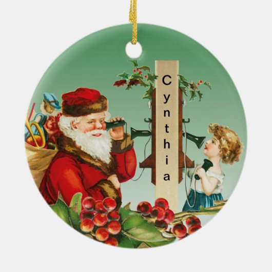 Décoration En Céramique Charmante fille au téléphone avec Noël Père Noël (Dos)