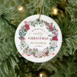 Décoration En Céramique Charme Nous Vous Souhaitons Un Joyeux Mariage De C<br><div class="desc">Un design unique avec la couronne d'aquarelle de Noël hivernale (branches de pin,  cônes,  boules de Noël,  fleurs blanches et rouges,  baies),  des éclaboussures d'or faux,  sur un arrière - plan blanc. Utilisez l'outil Personnaliser pour ajouter vos informations. Voir aussi ma collection Vacances d'hiver.</div>