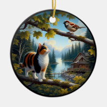 Charming Calico Cat Rustic Scene 