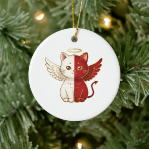 Décoration En Céramique Chat Ange Vilain et Chat Malicieux Noël Fendu