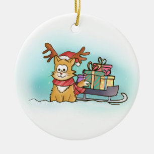 Décoration En Céramique Chat avec Père Noël Reindeer Casquette livrant des