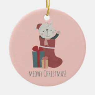 Décoration En Céramique Chat blanc mignon dans les chaussettes de Noël