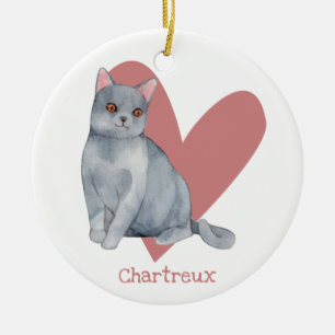 Décoration En Céramique Chat Chartreux Aquarelle Kitty Coeur rose
