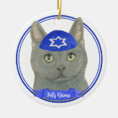 Décoration En Céramique Chat Chartreux personnalisé Yarmulke Bleu Blanc (Devant)