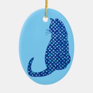 Décoration En Céramique Chat dans un Motif d'étoiles sur Deep Blue