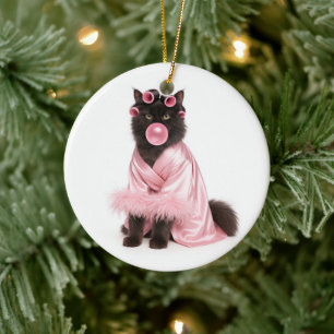 Décoration En Céramique Chat dans une robe rose avec bigoudis et bubble-gu