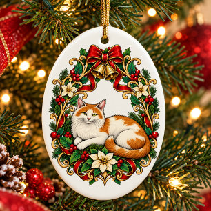 Décoration En Céramique Chat de Noël Art Nouveau avec couronne de houx