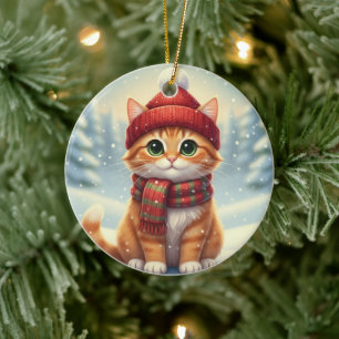 Décoration En Céramique Chat de Noël avec écharpe d'hiver Chat avec écharp