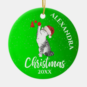 Décoration En Céramique Chat de Noël Chat Santa Chapeau Vert Enfants