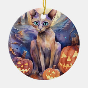 Décoration En Céramique Chat d'Halloween Abyssinian avec la peur Citrouill
