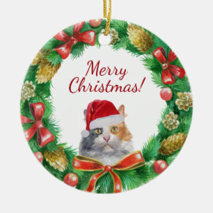 Décoration En Céramique Chat domestique calico joyeux noël
