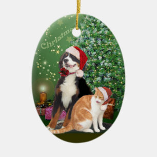 Décoration En Céramique Chat et chien avec chapeau de Père Noël