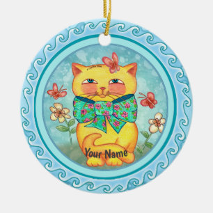 Décoration En Céramique Chat Fleurs Jaunes