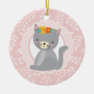 Décoration En Céramique Chat gris mignon de blanc de rose de chaton