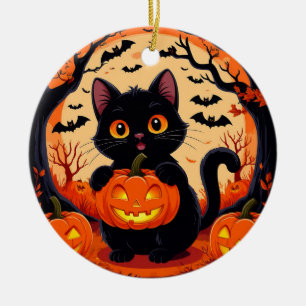 Décoration En Céramique Chat joueur & Citrouille Clair de lune Halloween