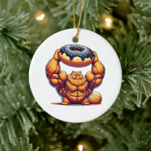 Décoration En Céramique Chat Musclé qui Soulève un Beignet