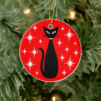 Décoration En Céramique Chat noir de milieu de siècle avec des étoiles bla