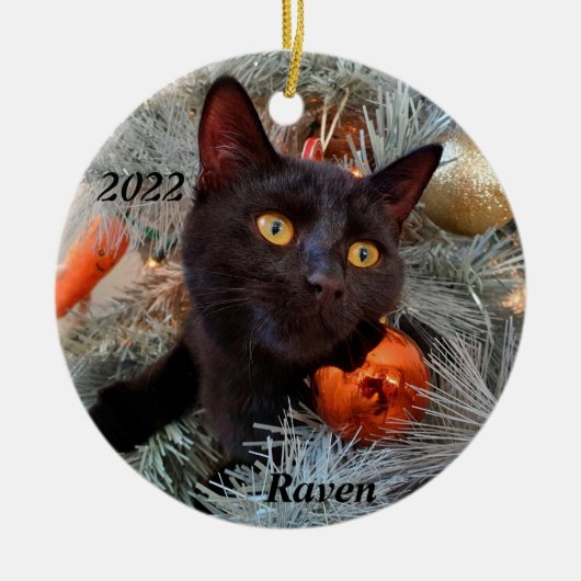 Décoration En Céramique Chat noir personnalisé jouant dans l'arbre de Noël (Devant)