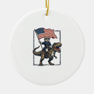 Décoration En Céramique Chat Patriotique à Cheval sur un Dinosaure Design