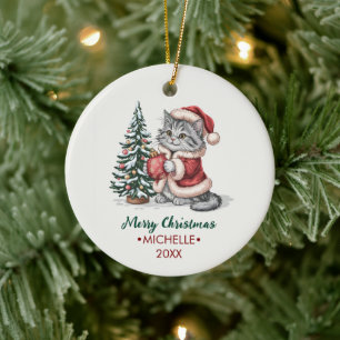 Décoration En Céramique Chat personnalisé avec un chapeau de Père Noël sur