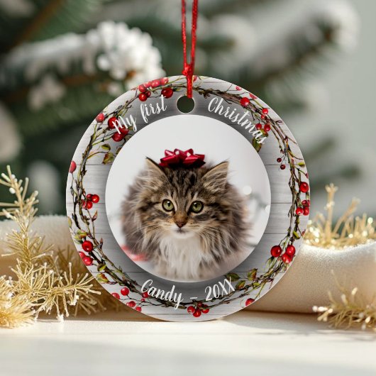 Décoration En Céramique Chat Pet First Christmas Photo Red Berry Wreath