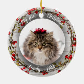 Décoration En Céramique Chat Pet First Christmas Photo Red Berry Wreath (Dos)