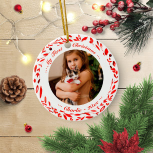 Décoration En Céramique Chat Pet First Christmas Photo Red Wreath