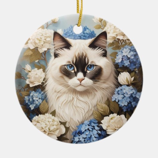 Décoration En Céramique Chat Ragdoll Avec Fleurs Bleues D'Hydrangée (Devant)