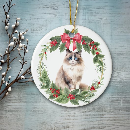 Décoration En Céramique Chat Ragdoll Chat Rouge Bow Holly Wreath Cerise