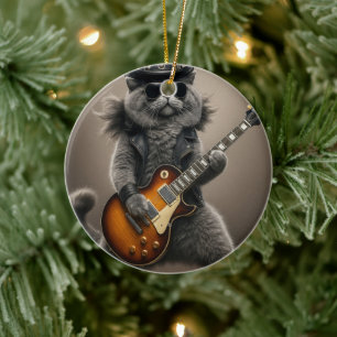 Décoration En Céramique Chat Rockstar Jouant de la Guitare Électrique en C