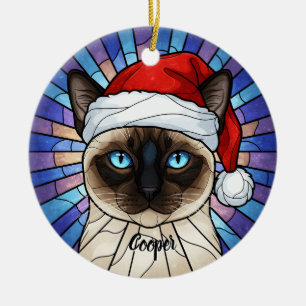 Décoration En Céramique Chat Siamois Personnalisé Santa Hat Vitrail
