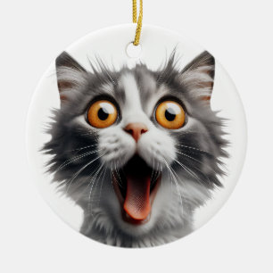 DÉCORATION EN CÉRAMIQUE CHAT SURPRIS GRISÉ ET BLANC ET FUNNY