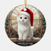 Chaton Blanc avec Chapeau de Père Noël