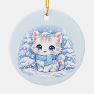 Décoration En Céramique Chaton de forêt hivernale – Joli chat enneigé