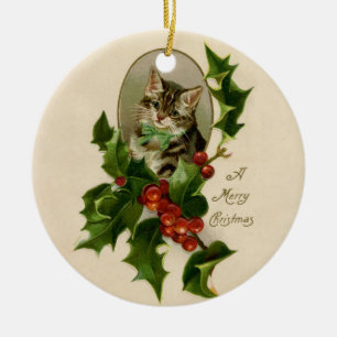 Décoration En Céramique Chaton de Noël victorien au houx antique tabby