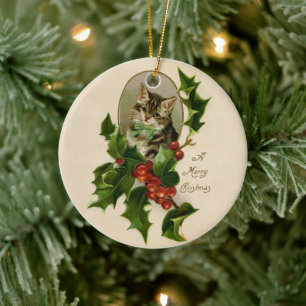 Décoration En Céramique Chaton de Noël victorien au houx antique tabby