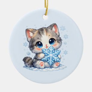 Décoration En Céramique Chaton Flocon de Neige Kawaii – Joli Chat d'Hiver