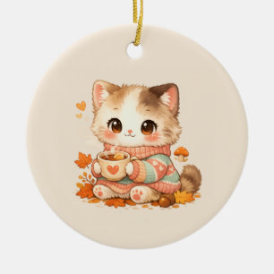 Décoration En Céramique Chaton pull automnal Kawaii – Chaton de thé automn