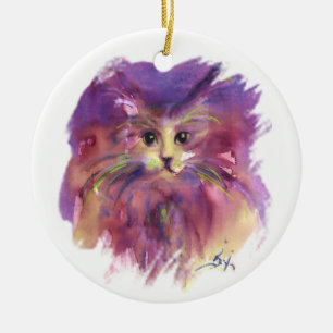 DÉCORATION EN CÉRAMIQUE CHATON VIOLET, PORTRAIT DE CHAT