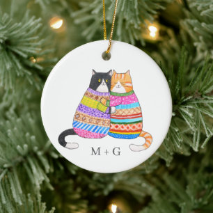 Décoration En Céramique Chats dans un pull en couple câlin Noël personnali