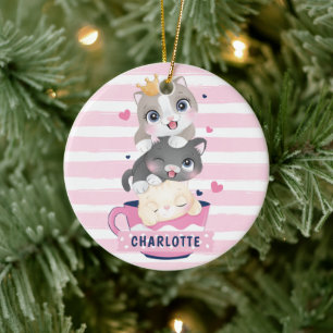 Décoration En Céramique Chats de dessin animé mignons empilés rayures rose