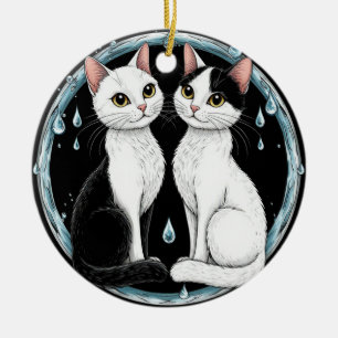 Décoration En Céramique Chats jumeaux noirs et blancs assis ensemble