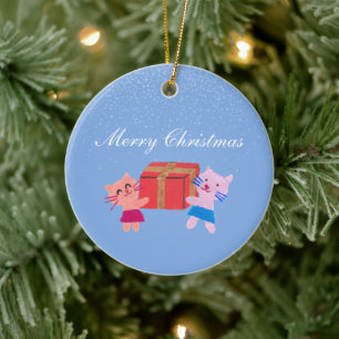 Décoration En Céramique Chats mignons en collage de papier et Noël bleu ph