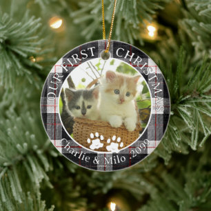 Décoration En Céramique Chats Notre Première Photo de Noël à Carreaux