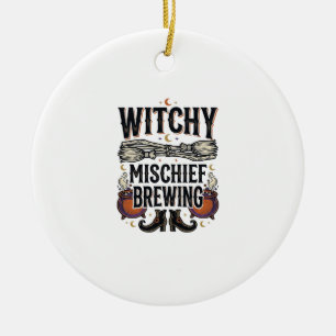 Décoration En Céramique Chemise sorcière Halloween avec balai et chaudrons